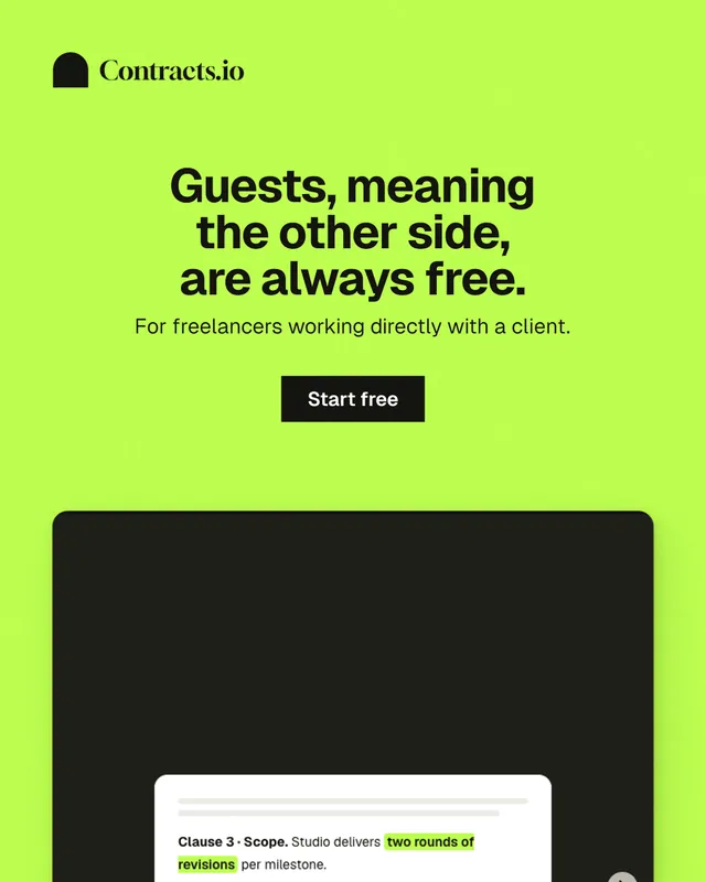 Instagram portrait post for contracts.io: "Guests, meaning the other side, are always free." Swiss style, centred layout, light palette in green, black.