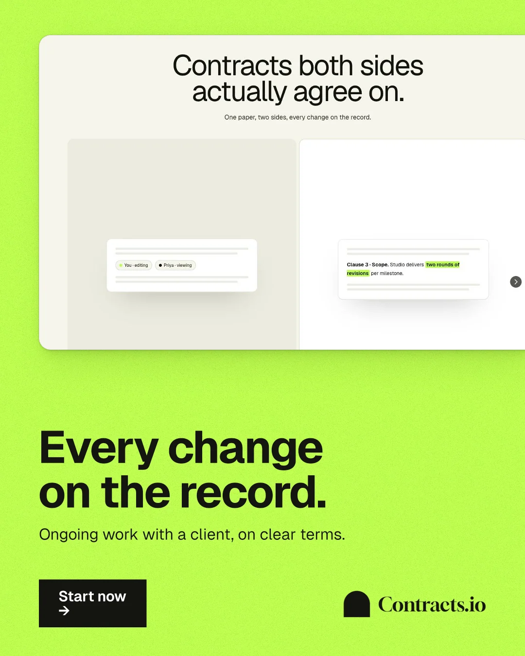 Instagram portrait post for contracts.io: "Every change on the record." Swiss style, bottom layout, light palette in green.