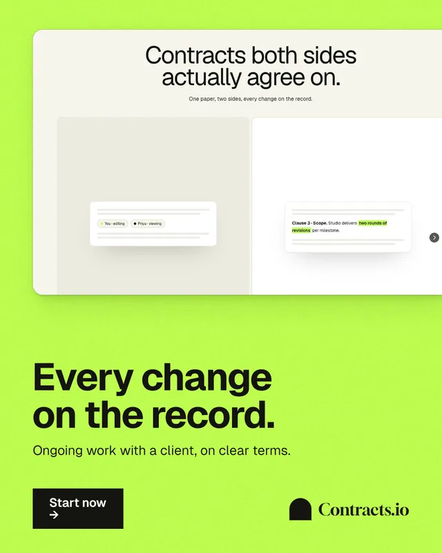 Instagram portrait post for contracts.io: "Every change on the record." Swiss style, bottom layout, light palette in green.