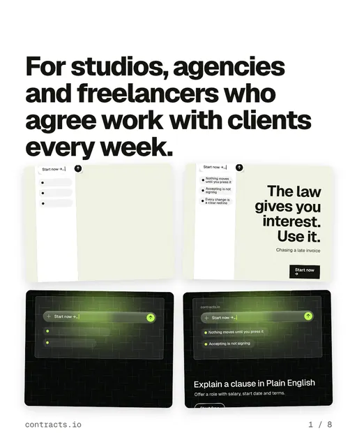 Carousel for contracts.io: "For studios, agencies and freelancers who agree work with clients every week.". Collection carousel, 8 slides, light palette.