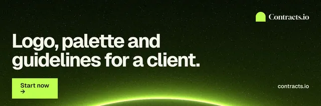 X header for contracts.io: "Logo, palette and guidelines for a client." Swiss style, poster layout, dark palette in green, black.