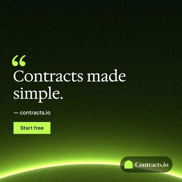 Instagram post for contracts.io: "Contracts made simple." Swiss style, quote layout, dark palette in green, black.