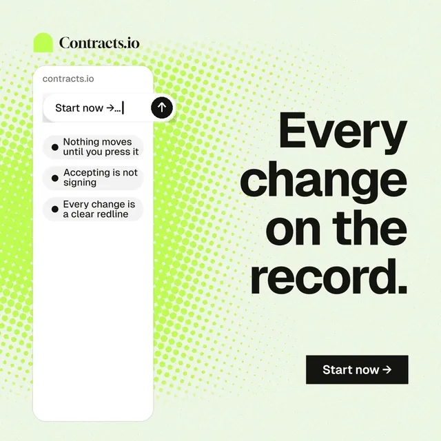 Instagram post for contracts.io: "Every change on the record." Swiss style, right layout, light palette in white, green, grey.