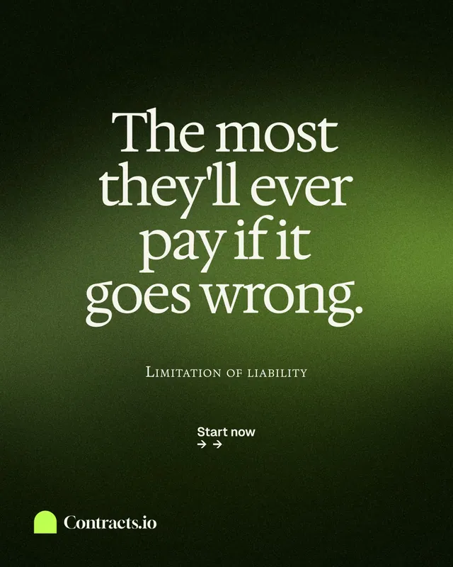 Instagram portrait post for contracts.io: "The most they'll ever pay if it goes wrong." Swiss style, smallcaps layout, dark palette in green, black.