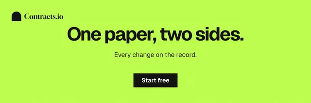 X header for contracts.io: "One paper, two sides." Swiss style, centred layout, light palette in green.