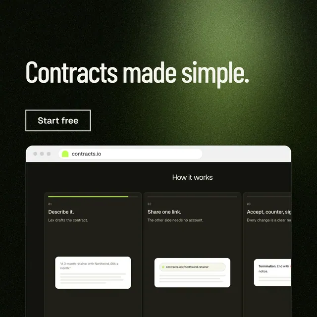 Instagram post for contracts.io: "Contracts made simple." Dark deco style, browser layout, dark palette in green, black, grey.