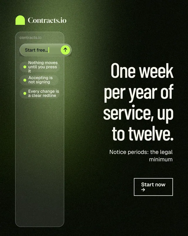 Instagram portrait post for contracts.io: "One week per year of service, up to twelve." Dark deco style, right layout, dark palette in green, black, grey.