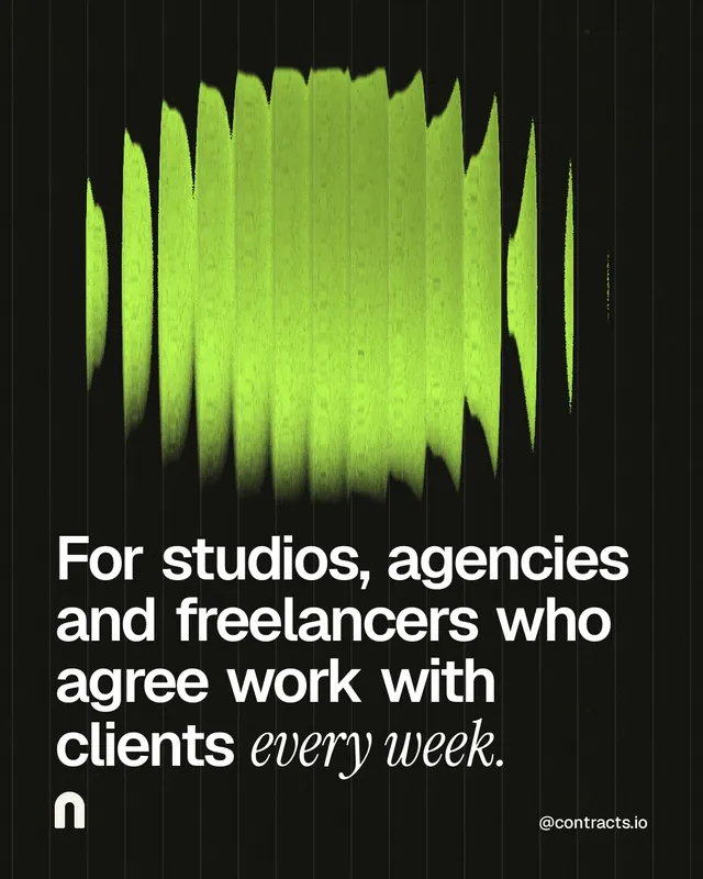 Instagram portrait post for contracts.io: "For studios, agencies and freelancers who agree work with clients every week." Auto 4x5 style, technique:shader field layout, dark palette in black, green.