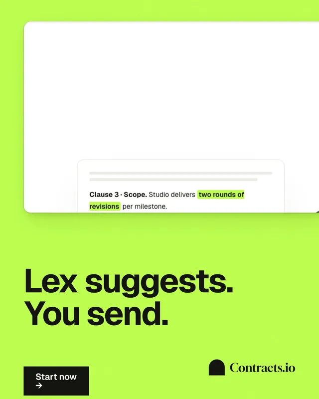 Instagram portrait post for contracts.io: "Lex suggests. You send." Swiss style, bottom layout, light palette in green, white.