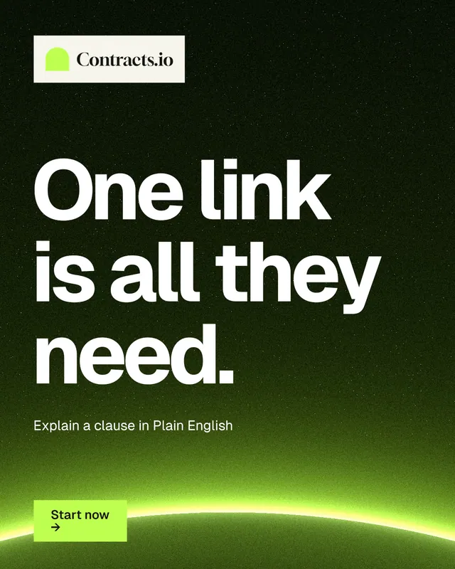 Instagram portrait post for contracts.io: "One link is all they need." Swiss style, announce layout, dark palette in black, green.