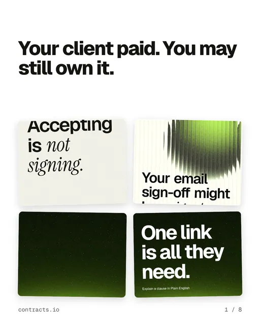 Carousel for contracts.io: "Your client paid. You may still own it.". Collection carousel, 8 slides, light palette.