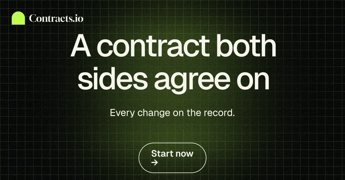 Social ad for contracts.io: "A contract both sides agree on". Phosphor atlas style, centred layout, dark palette in black, grey.