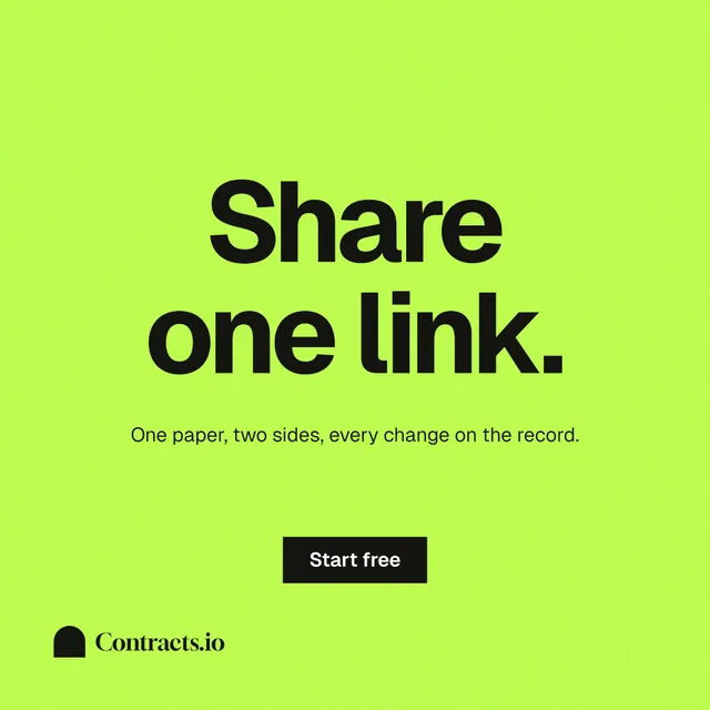 Instagram post for contracts.io: "Share one link." Swiss style, centred layout, light palette in green.