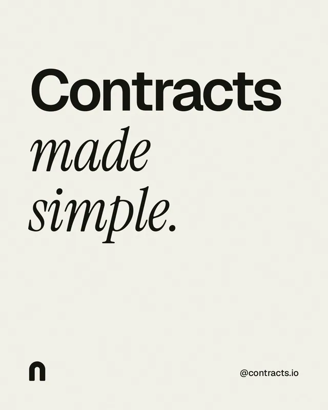 Instagram portrait post for contracts.io: "Contracts made simple." Editorial style, technique:mixed type lockup layout, light palette in white, grey.