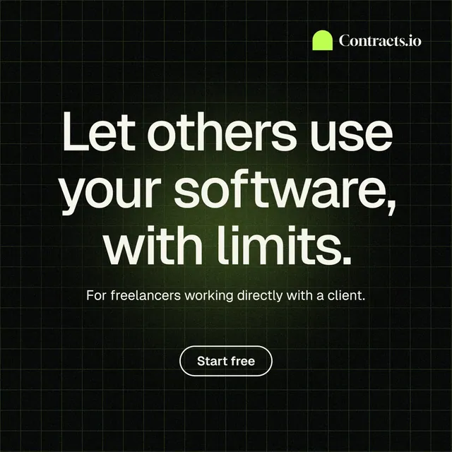 Instagram post for contracts.io: "Let others use your software, with limits." Phosphor atlas style, centred layout, dark palette in black, green, grey.