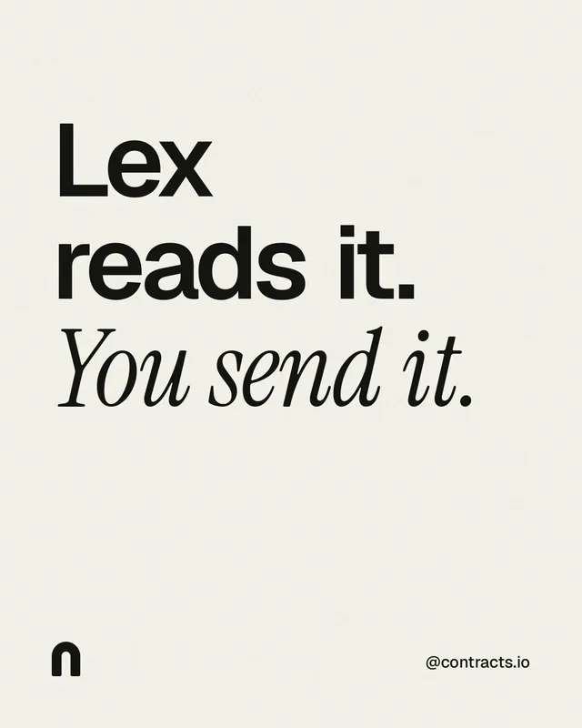 Instagram portrait post for contracts.io: "Lex reads it. You send it." Editorial style, technique:mixed type lockup layout, light palette in white, grey.