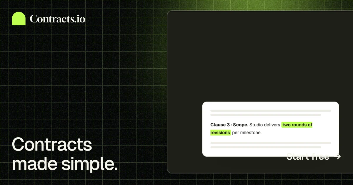 Social ad for contracts.io: "Contracts made simple." Phosphor atlas style, image led layout, dark palette in black, grey.