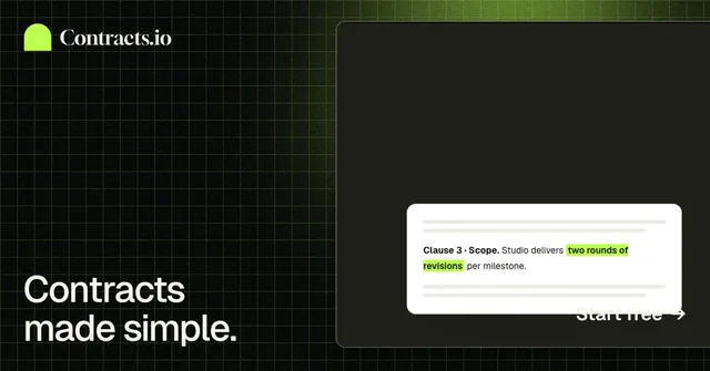 Social ad for contracts.io: "Contracts made simple." Phosphor atlas style, image led layout, dark palette in black, grey.