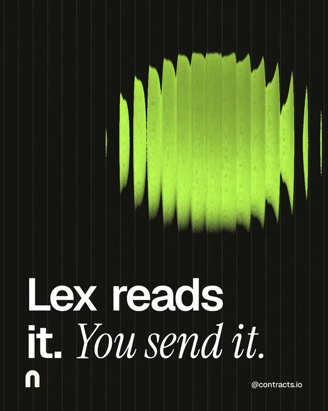 Instagram portrait post for contracts.io: "Lex reads it. You send it." Auto 4x5 style, technique:shader field layout, dark palette in black, green.