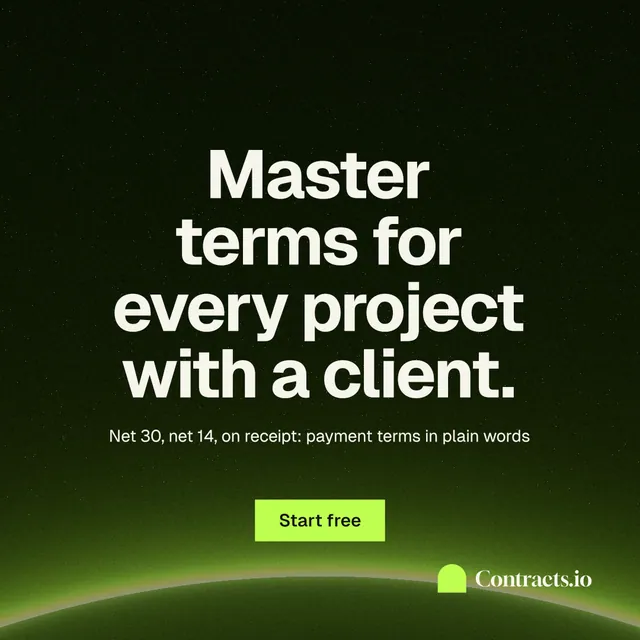 Instagram post for contracts.io: "Master terms for every project with a client." Swiss style, centred layout, dark palette in black, green.