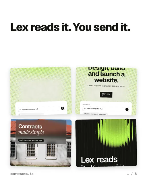 Carousel for contracts.io: "Lex reads it. You send it.". Collection carousel, 8 slides, light palette.