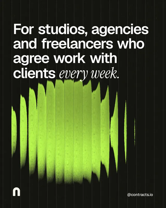 Instagram portrait post for contracts.io: "For studios, agencies and freelancers who agree work with clients every week." Auto 4x5 style, technique:shader field layout, dark palette in green, black.
