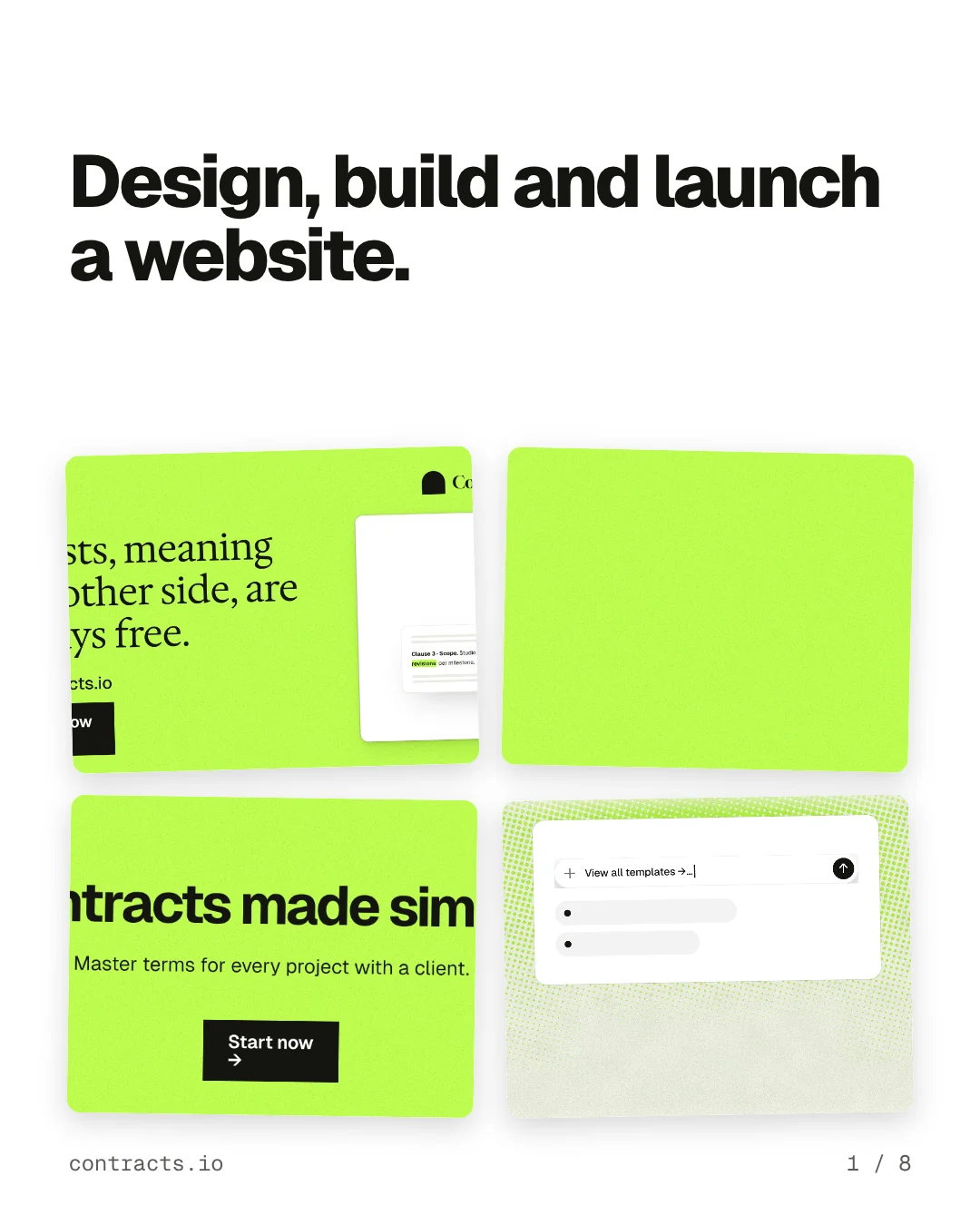 Carousel for contracts.io: "Design, build and launch a website.". Collection carousel, 8 slides, light palette.