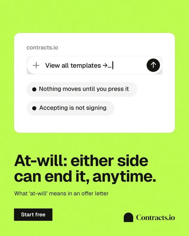 Instagram portrait post for contracts.io: "At-will: either side can end it, anytime." Swiss style, bottom layout, light palette in green, white.