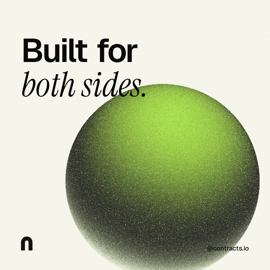 Instagram post for contracts.io: "Built for both sides." Auto 1x1 style, technique:shader field layout, light palette in white, grey, green.