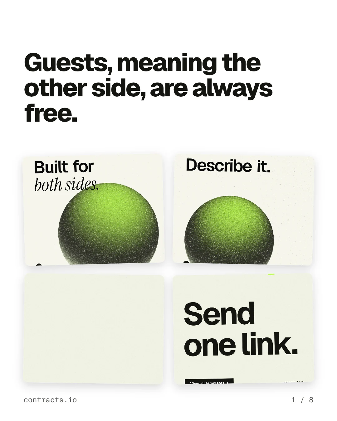 Carousel for contracts.io: "Guests, meaning the other side, are always free.". Collection carousel, 8 slides, light palette.