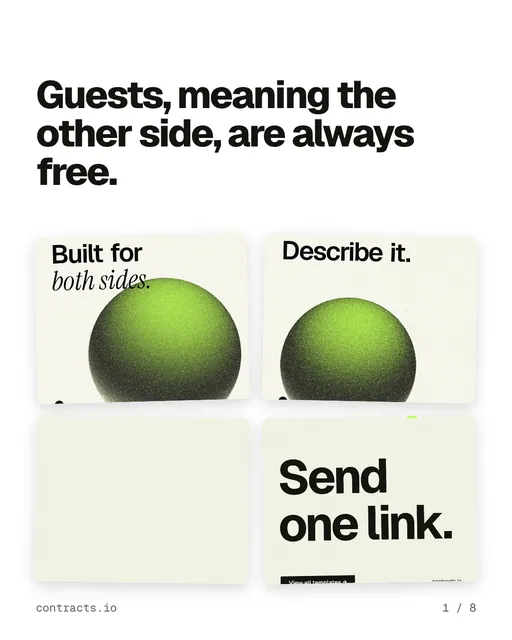 Carousel for contracts.io: "Guests, meaning the other side, are always free.". Collection carousel, 8 slides, light palette.