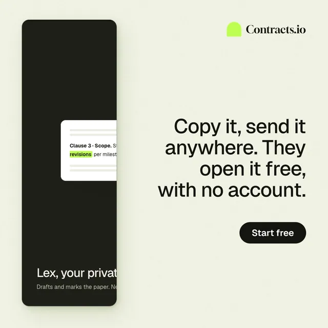 Instagram post for contracts.io: "Copy it, send it anywhere. They open it free, with no account." Data card style, right layout, light palette in white, green, black.