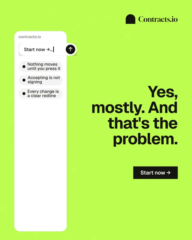 Instagram portrait post for contracts.io: "Yes, mostly. And that's the problem." Swiss style, right layout, light palette in green, white.