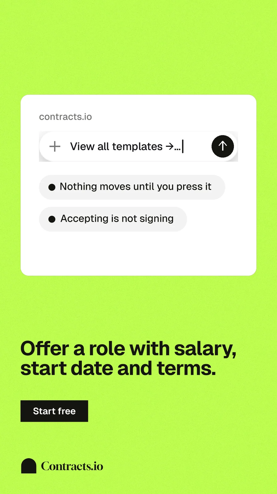 Instagram story for contracts.io: "Offer a role with salary, start date and terms." Swiss style, bottom layout, light palette in white, green.