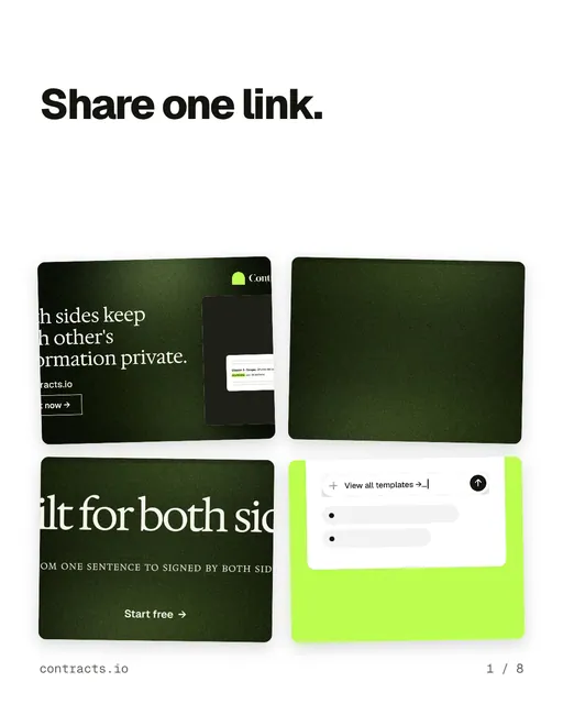 Carousel for contracts.io: "Share one link.". Collection carousel, 8 slides, light palette.