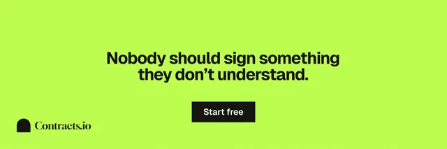 X header for contracts.io: "Nobody should sign something they don’t understand." Swiss style, centred layout, light palette in green.