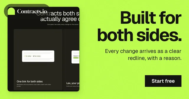 Social ad for contracts.io: "Built for both sides." Swiss style, right layout, light palette in green, black.