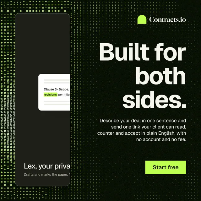 Instagram post for contracts.io: "Built for both sides." Swiss style, right layout, dark palette in black, green, grey.