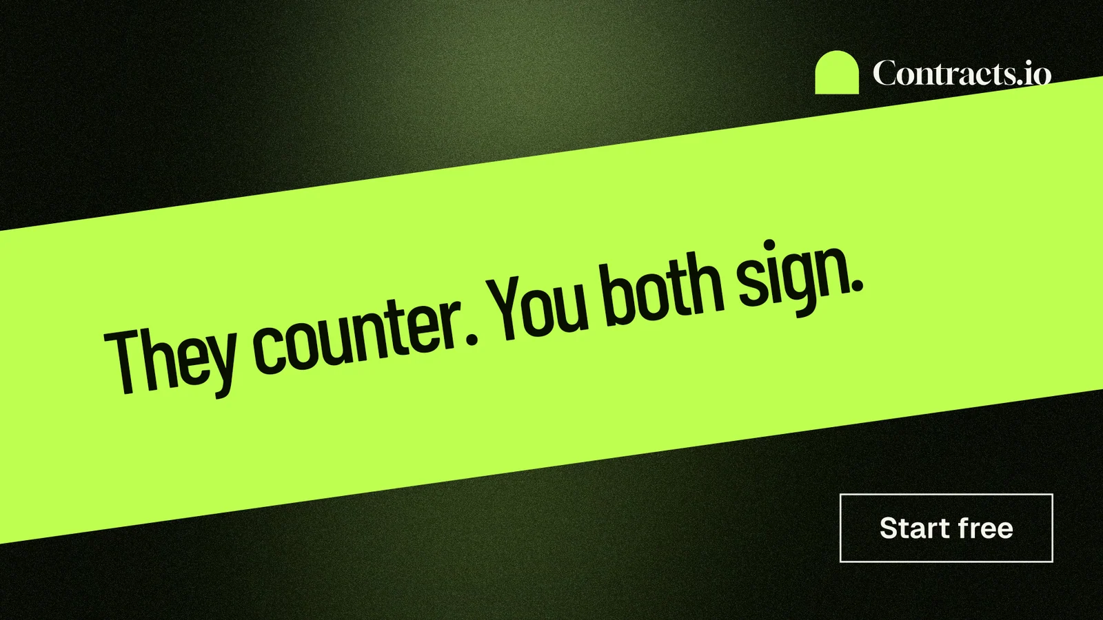 Landscape graphic for contracts.io: "They counter. You both sign." Dark deco style, diagonal layout, light palette in green, black.