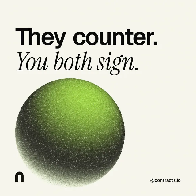 Instagram post for contracts.io: "They counter. You both sign." Auto 1x1 style, technique:shader field layout, light palette in white, grey.