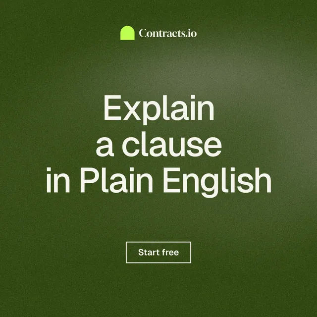 Instagram post for contracts.io: "Explain a clause in Plain English". Cyanotype style, centred layout, dark palette in green.
