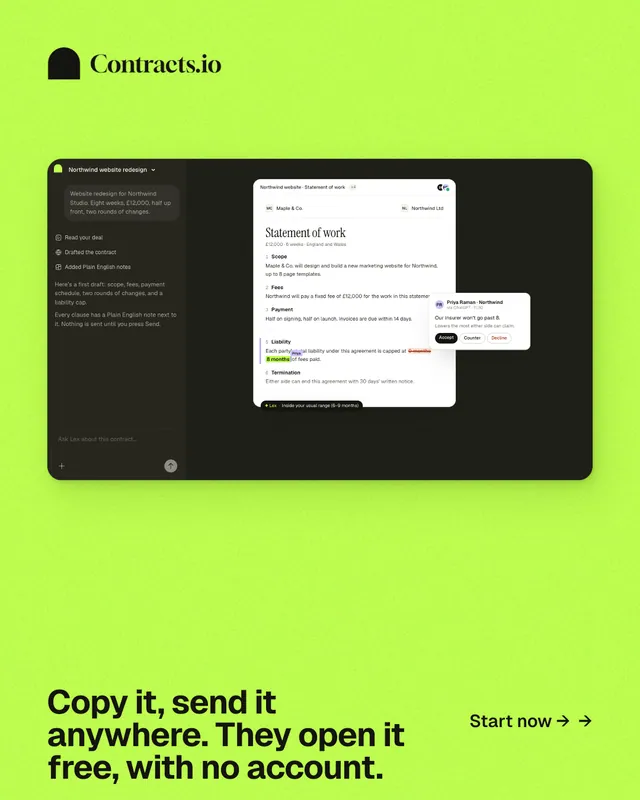 Instagram portrait post for contracts.io: "Copy it, send it anywhere. They open it free, with no account." Swiss style, image led layout, light palette in green, black.