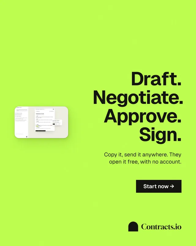 Instagram portrait post for contracts.io: "Draft. Negotiate. Approve. Sign." Swiss style, right layout, light palette in green.