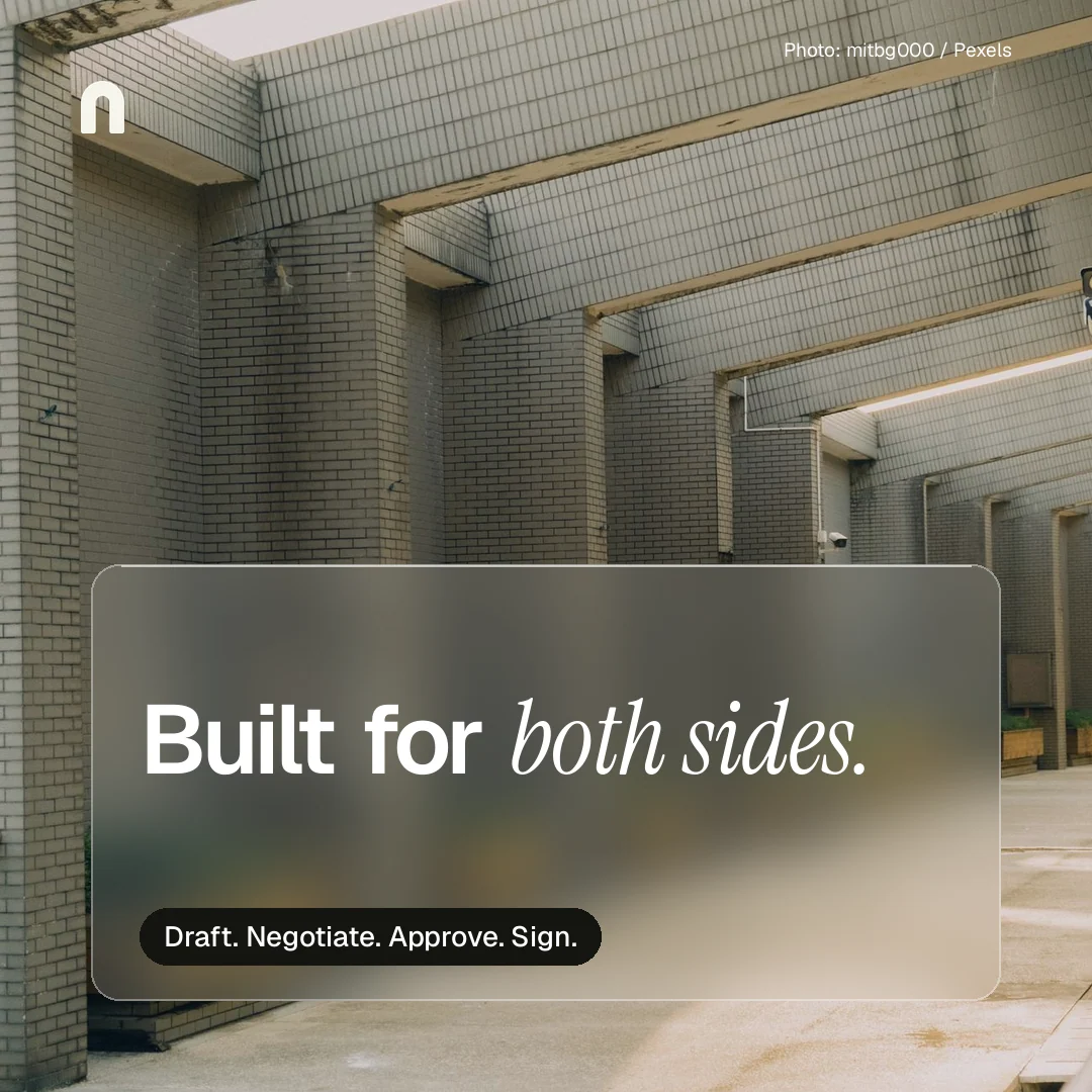 Instagram post for contracts.io: "Built for both sides." Glass style, technique:pexels ingredient layout, light palette in grey, orange.