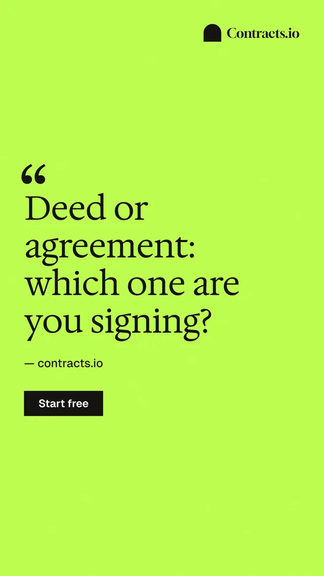 Instagram story for contracts.io: "Deed or agreement: which one are you signing?" Swiss style, quote layout, light palette in green.