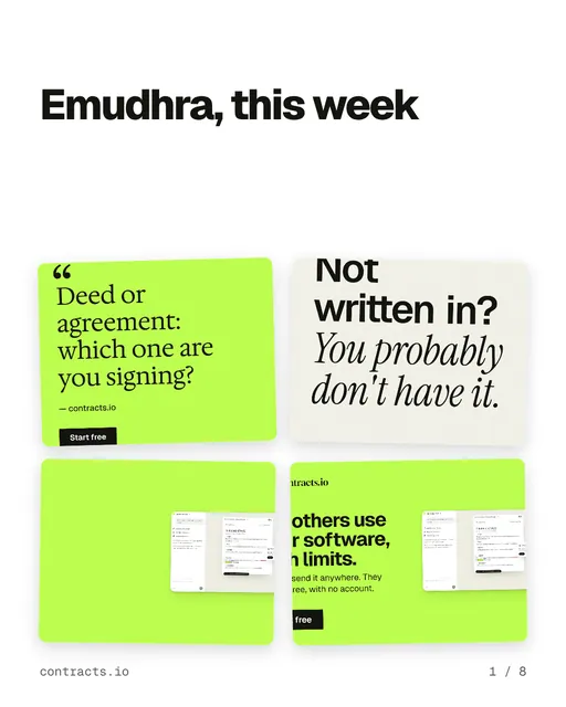 Carousel for contracts.io: "Emudhra, this week". Collection carousel, 8 slides, light palette.