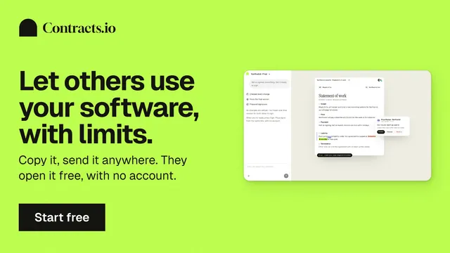 Landscape graphic for contracts.io: "Let others use your software, with limits." Swiss style, bottom layout, light palette in green.