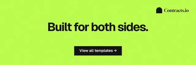 X header for contracts.io: "Built for both sides." Swiss style, centred layout, light palette in green.