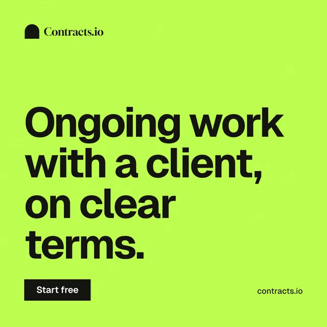 Instagram post for contracts.io: "Ongoing work with a client, on clear terms." Swiss style, poster layout, light palette in green.