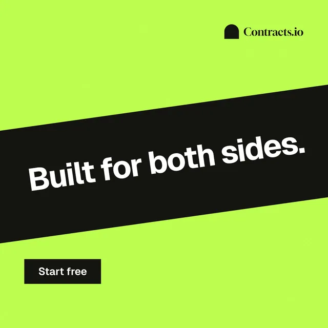 Instagram post for contracts.io: "Built for both sides." Swiss style, diagonal layout, light palette in green, black.